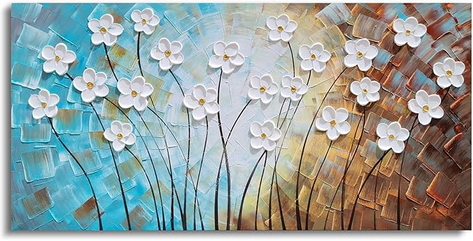 YHSKY ARTS Artisan Crafted Three Dimensional White Floral Relief Wall Decor, Abstract Botanical Canvas Artwork forLiving Room Bedroom Decor