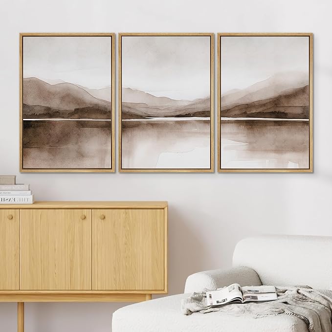 SIGNWIN Framed Canvas Print Wall Art Mountain Landscape Modern Minimalist Brown and Gray Watercolor Nature Wilderness Modern Art Cool for Living Room, Bedroom, Office - 24"x36"x3 Natural