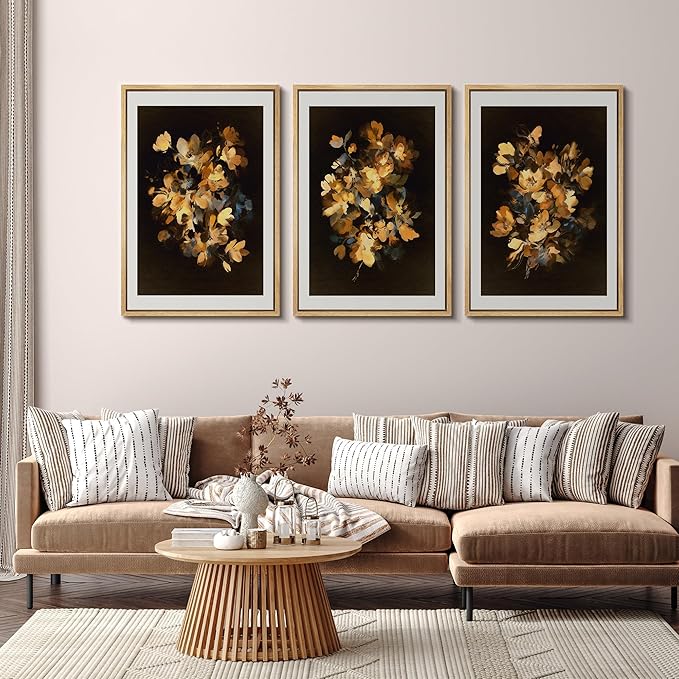 SIGNFORD Framed Wall Art Print Set Golden Blossom Watercolor Floral Warm Botanical Digital Art Modern Art Contemporary for Living Room, Bedroom, Office - 16"x24"x3 NATURAL