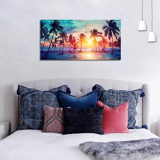 DZL Art S75550 Canvas Wall Art Palm Trees Silhouettes On Tropical Beach At Sunset Beach Seascape Painting Nature Pictures for Living Room Home Office Wall Decor Artwork