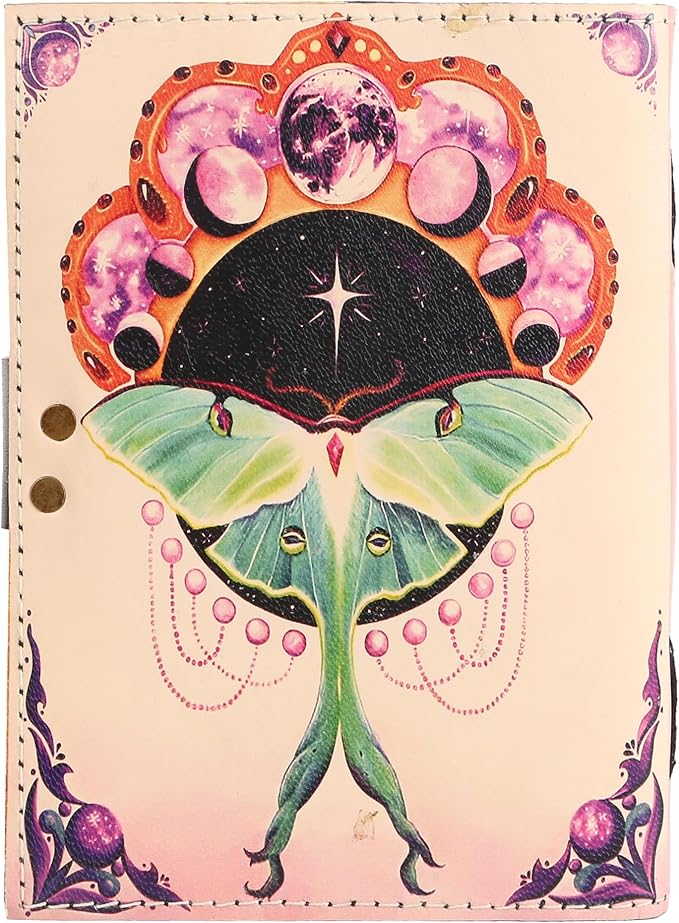 TUZECH Book of Spells Leather Bound Journal Deckle Edge Paper Grimoire Printed Diary Third Eye witchcraft supply and Witch Spell Notebook Antique Vintage Book for Men and Women (Pink Luna Moth)