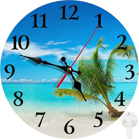 Britimes Round Wall Clock Silent Non-Ticking Battery Operated Clock 10 Inch, Turquoise Ocean Blue Beach Sand Home Decor for Living Room, Bathroom, Bedroom, Kitchen, Office and School