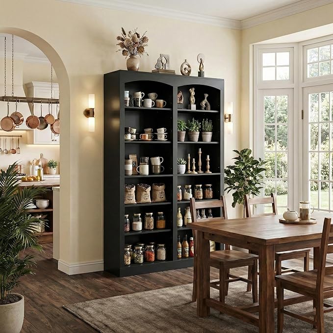 71" Tall Bookcase, Double Wide Black Bookshelf with Arched Design, 12-Tier Open Wood Display Shelf Storage Organizer for Living Room, Home Office (41.6" W x 70.8" H)