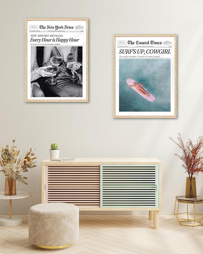 iHery Unframed Coastal Trendy Cowgirl Wall Art Decor, 12x16in Canvas Newspaper Retro Print,Surfer New York News,Coastal Prints Western Vintage Bar Cart For Home Living Room1Pack