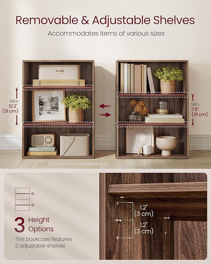 VASAGLE Custos Collection - Bookshelf, 3-Tier Bookcase, Book Shelf, Open Storage Shelf, 9.4 x 23.6 x 32 Inches, for Living Room, Home Office, Dining Room, Natural Walnut ULBC163K01