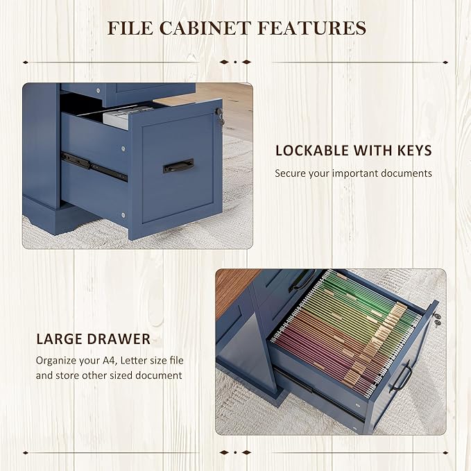 Whalefall 55'' Farmhouse Desk Home Office with Drawers, Executive Computer Desk Wooden with File Cabinet and Charging Station, Blue