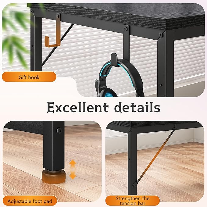 Gaming Desk 48.1 Inch with LED Lights and Power Outlets,Reversible Computer Desk with Drawers and Shelf,Gaming Table with Hooks for Headphone,Bags,Small Desk for Bedroom,Dorm,Black