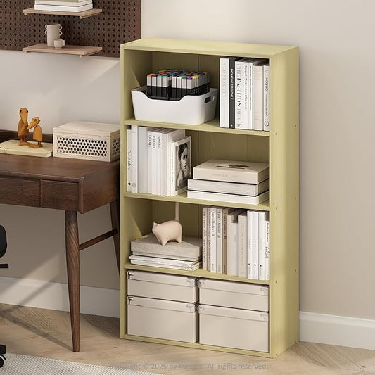 Furinno Simple Book Shelf, 4-Tier Bookshelf, Bookcase with Open Shelf, 9.4 x 23.6 x 41.7, for Living Room, Bedroom, Home Office, Steam Beech