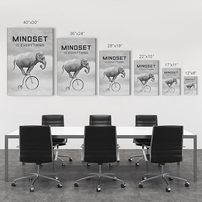 Smile Art Design Mindset is EverytingBlack and White Elephant Riding Circus Bike Motivational Wall Art Canvas Print Inspirational Entrepreneur Quote Office Living Room Decor Gift Ready to Hang 28x19