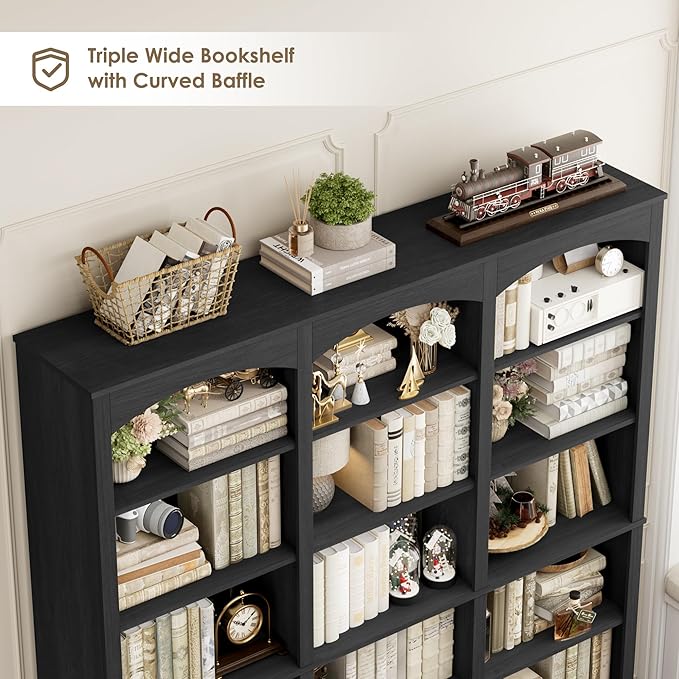 FACBOTALL 71" Triple Wide Bookshelf, 6 Tier Tall Bookshelf, Large Arched Bookcase with Curved Baffle, 63.4" Wide Book Shelf with 18 Open Display Shelves for Living Room, Study, Dark Grey