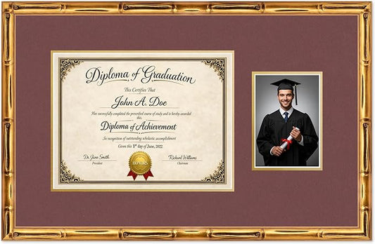 Diploma Frame With Photo Opening Gold Bamboo Dark Red Over Gold Mat - Fits 13 x 10 Degree and Picture Made in the USA