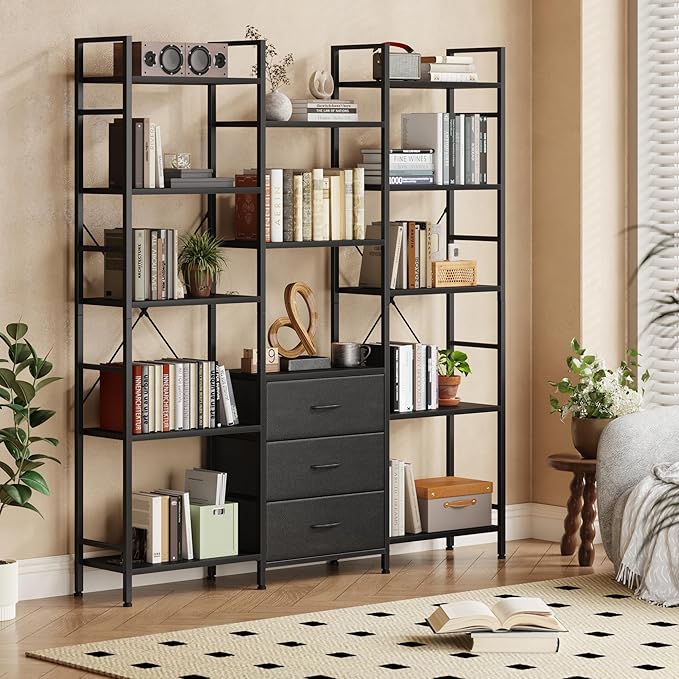 Triple Bookshelf with 3 Fabric Drawers, 5-Tier Book Shelf and 10 Display Shelves, Industrial Large Bookcase for Home & Office, Black, 47'' Wide