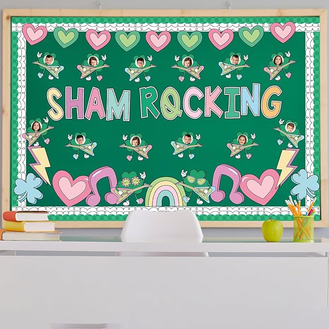 St. Patrick's Day Classroom Bulletin Board Decoration Sham Rocking Photo DIY Bulletin Board Set Lucky Shamrock Music Note Heart Cutouts for Irish Holiday Welcome School Home Wall Door Party Decor