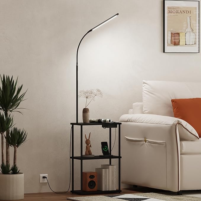 LED Floor Lamp with Table, 15W Bright Reading floor lamp with Remote & Touch Control, Narrow Side Table with USB Charging Station and AC Port, End Table for Bedroom, Living Room and Home Office, Black