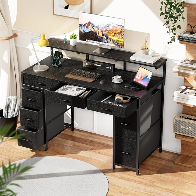 HLDIRECT 47 inch Computer Desk with 8 Storage Drawers, Gaming Desk with LED Lights & USB Power Outlets, Home Office Table with Monitor Stand, Study Writing Work Table for Bedroom, Black