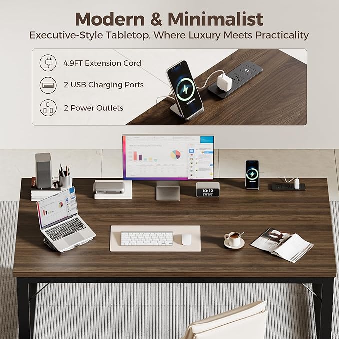Mericonia 48 Inch Computer Desk with Power Outlets, 1.2" Thick Heavy Duty Industrial Office Desk, Modern Simple Study Writing Table for Home Bedroom Workstation, Walnut