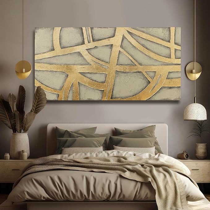 Gold Wall Decor for Living Room Abstract Canvas Wall Art Framed Prints Pictures Large Arts for Office Hotel 29"x58"