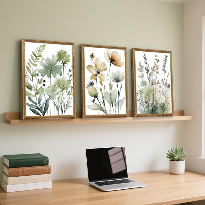 SYWENNOI Wood Framed Green Botanical Canvas Wall Art, Boho Floral Watercolor Art Wall Decor, Minimalist Flower Pictures Poster Prints for Bedroom Bathroom Living Room Ready to Hang 12x16 Inches