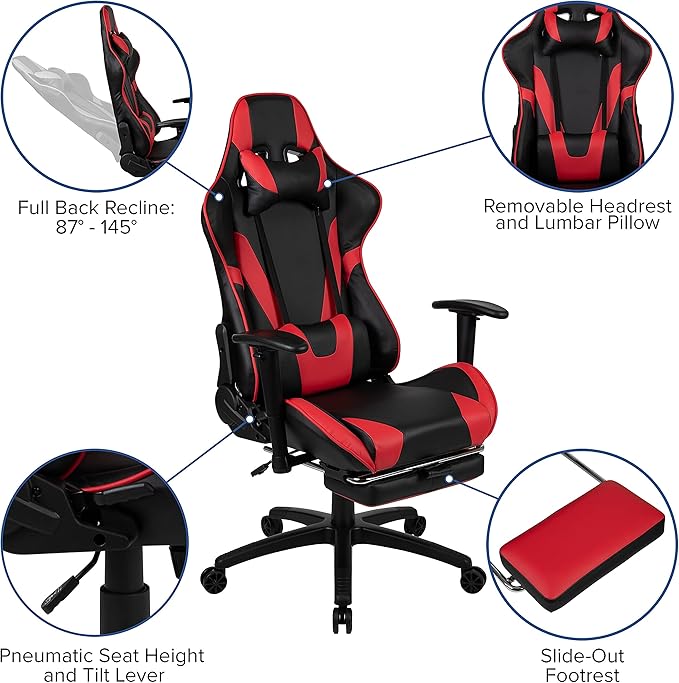 Flash Furniture X30 Gaming Chair Racing Office Ergonomic Computer Chair with Fully Reclining Back and Slide-Out Footrest in Red LeatherSoft