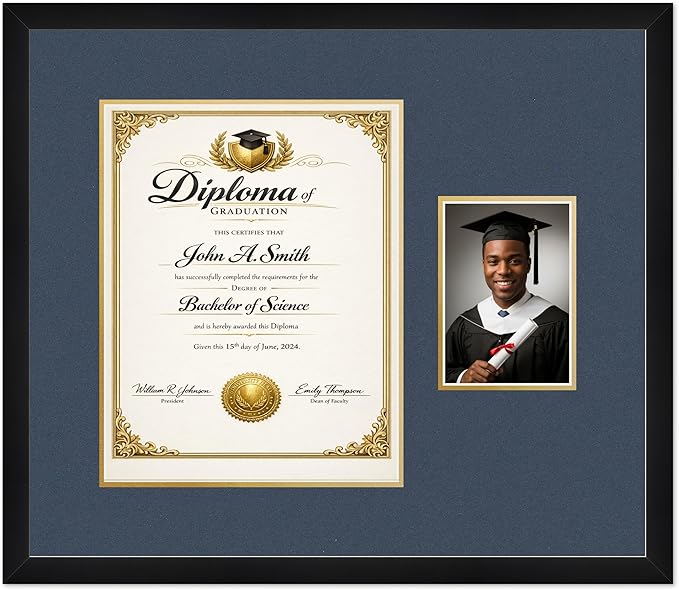 CountryArtHouse Fits 11 x 14 College Diploma (Portrait) and 5 x 7 Photo Diploma and Photo Frame Matte Black Genuine Hardwood with Navy Blue Over Metallic Gold Double mat