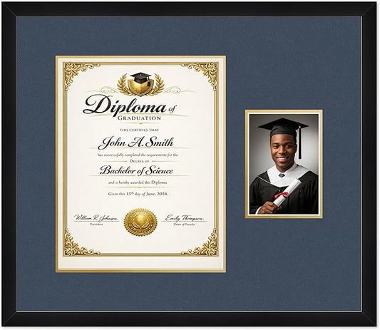 CountryArtHouse Fits 11 x 14 College Diploma (Portrait) and 5 x 7 Photo Diploma and Photo Frame Matte Black Genuine Hardwood with Navy Blue Over Metallic Gold Double mat