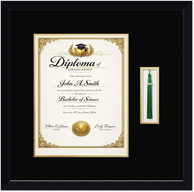 CountryArtHouse Diploma and Tassel Frame Fits 10 x 13 College Diploma (Portrait Traditional) Wit Matte Black Genuine Hardwood Shadowbox with Black Over Metallic Gold Double mat