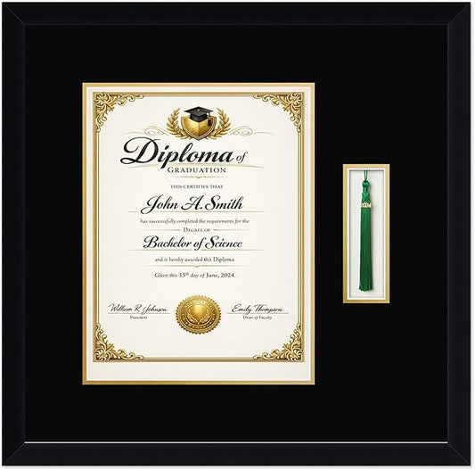 CountryArtHouse Diploma and Tassel Frame Fits 10 x 13 College Diploma (Portrait Traditional) Wit Matte Black Genuine Hardwood Shadowbox with Black Over Metallic Gold Double mat