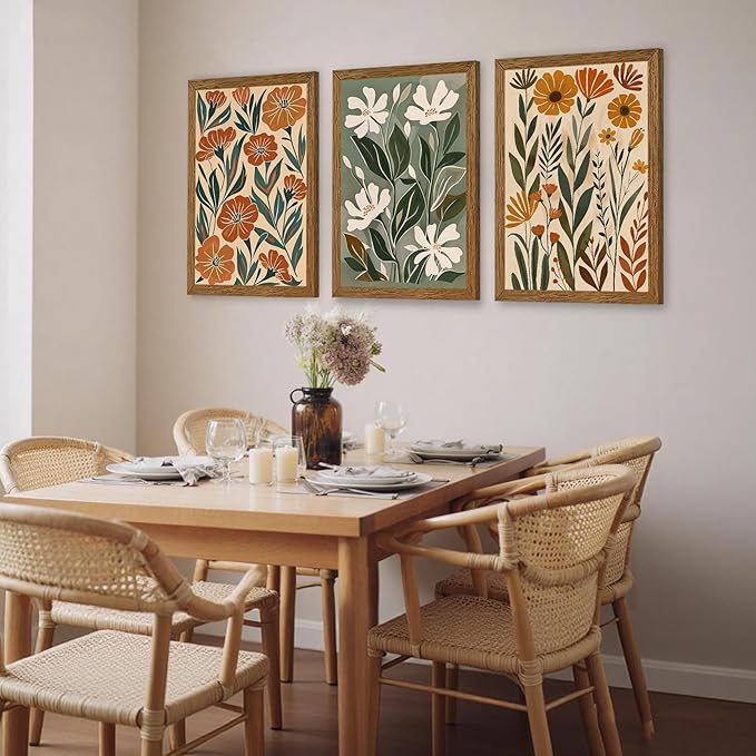 InspiredHues 3 Piece Large Abstract Boho Floral Canvas Wall Art, Green Beige Flower Market Wall Decor, Minimalist Colorful Botanica Art Prints for For Living Room Bedroom Office 20x30 Inch Wood Framed