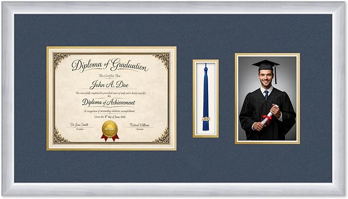 Diploma Tassel and Photo Frame Stainless Silver Shadowbox Navy Blue Over Gold Mat - Fits 10 x 8 Degree Picture Made in the USA