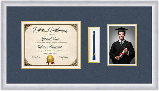 Diploma Tassel and Photo Frame Stainless Silver Shadowbox Navy Blue Over Gold Mat - Fits 10 x 8 Degree Picture Made in the USA