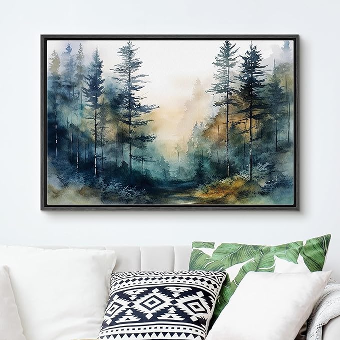 SIGNFORD Framed Canvas Print Wall Art Pine Tree Forest Nature Wilderness Realism Decorative Landscape Relax/Calm for Living Room, Bedroom, Office - 24"x36" Black