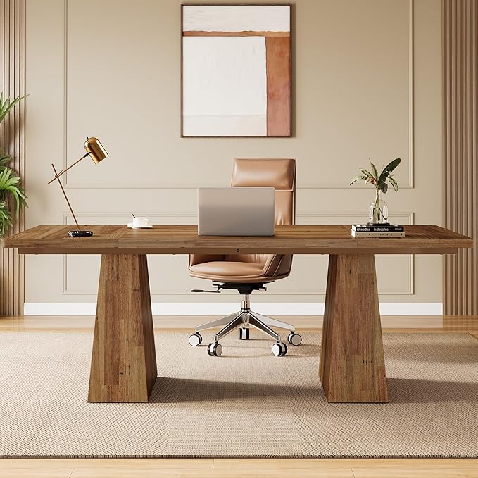 Tribesigns 63-Inch Executive Desk, Modern Office Computer Desk with Sturdy Double Pedestal, Large Study Writing Table Simple Workstation for Home Office, Light Brown
