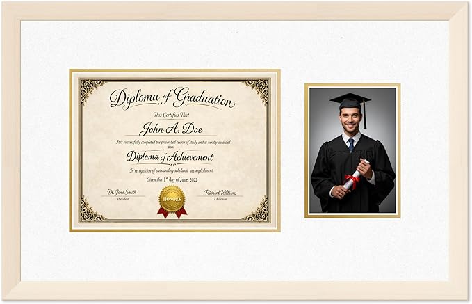 Diploma Frame With Photo Opening Coastal Whitewash Oyster Shell Over Gold Mat - Fits 11 x 8.5 Degree and Picture Made in the USA