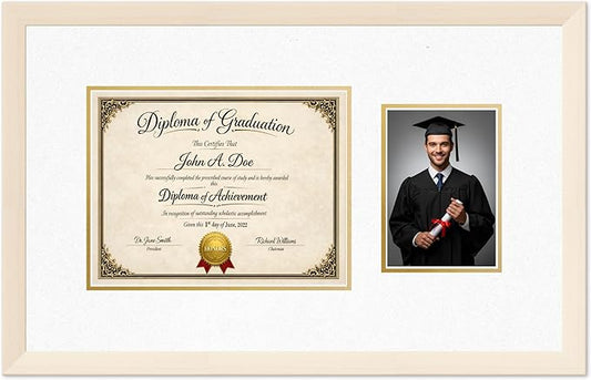 Diploma Frame With Photo Opening Coastal Whitewash Oyster Shell Over Gold Mat - Fits 11 x 8.5 Degree and Picture Made in the USA