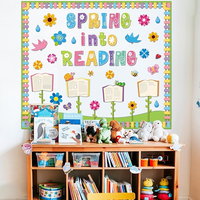 gisgfim Spring Reading Bulletin Board Decorations Set Classroom Spring Into Reading Bulletin Board Butterflies Flowers Cutouts Bulletin Board Borders Decor for School Library Chalkboard Wall(Spring)