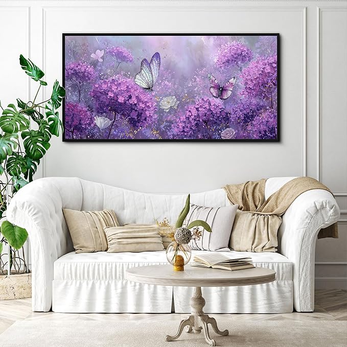 yiijeah Purple Wall Art Bedroom Canvas Lavender Bathroom Decor Butterfly Picture Items for Women Framed Artwork Print 40x20 Inches