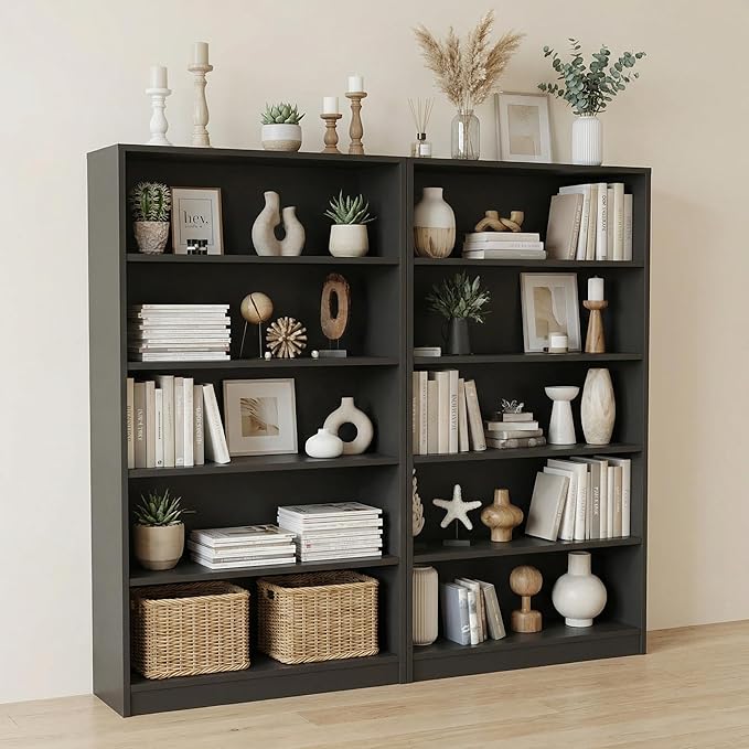 5 Tier Wooden Bookshelf, 60" H Tall Book Shelf with Adjustable Shelves, 33" Wide Bookshelf for Home Office, Living Room