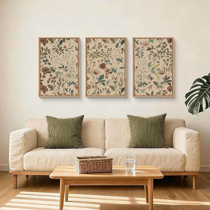 Large Retro Boho Floral Framed Canvas Wall Art Set,Vintage Neutral Wildflower Wall Decor,Abstract Mid Century Antique Flower Botanical Artwork for Living Room,Bedroom,Farmhouse- 24"x36"x3