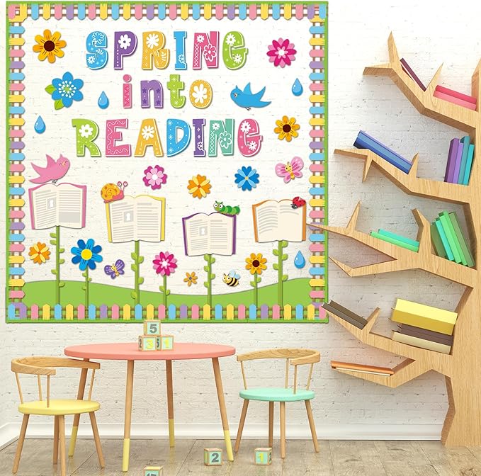 gisgfim Spring Reading Bulletin Board Decorations Set Classroom Spring Into Reading Bulletin Board Butterflies Flowers Cutouts Bulletin Board Borders Decor for School Library Chalkboard Wall(Spring)