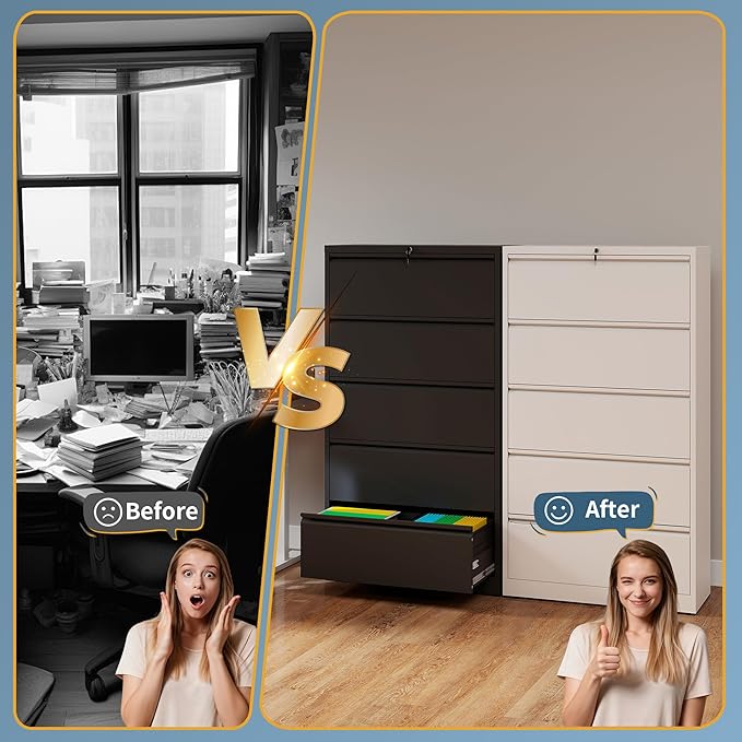 5 Drawer File Cabinet with Lock, Lateral Filing Cabinets,Metal Storage Filing Cabinets for Home Office, Heavy Duty File Cabinet for Letter/Legal/A4/F4 Size Amsseble Required, Black
