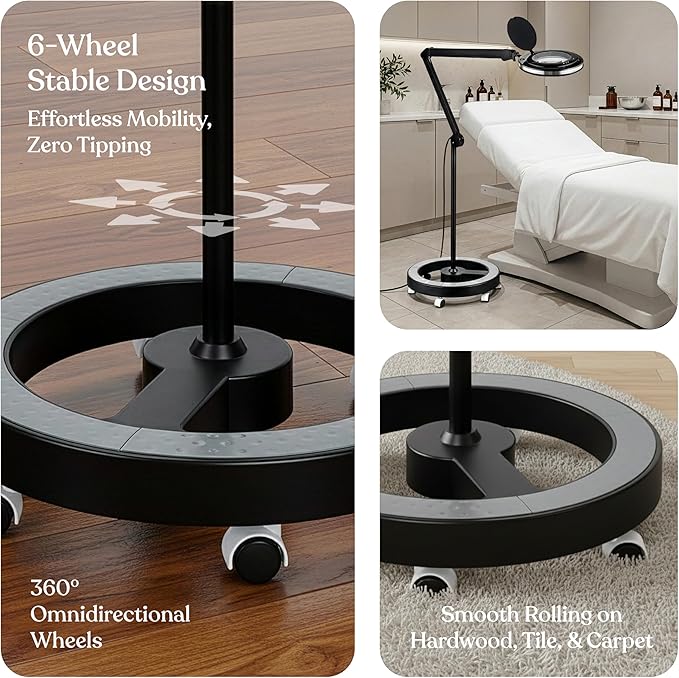 Brightech Lightview Pro Magnifying Glass with Stand & Light, Magnifying Floor Lamp with 6-Wheel Rolling Base for Facials & Lashes – Dimmable LED Work Light for Crafts, Sewing, and Projects - 5 Diopter