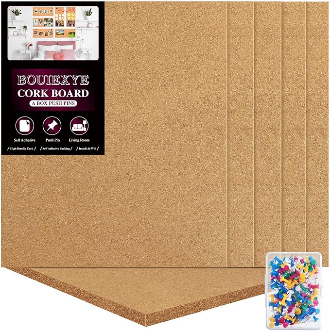Cork Board 6 Pack 12"x12" - 1/2" Bulletin Boards Self Adhesive Corkboards for Wall School Home Office with 100 Push Pins