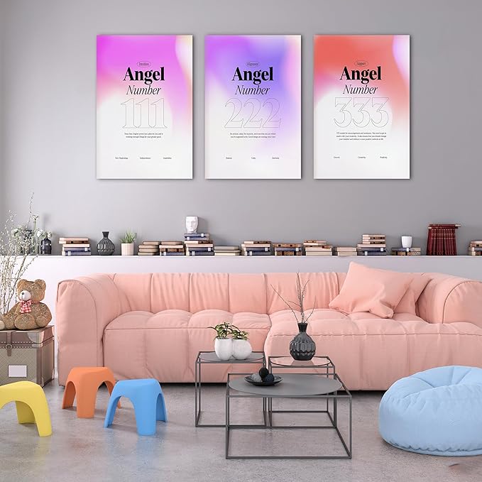 Colorful Gradient Angel Numbers Poster Canvas Print Artwork Room Decor for Bedroom Aesthetic, 3 Piece Framed Inspirational Minimalist Art Paintings Decor for Bedroom Office 20"x30" x 3 Pcs