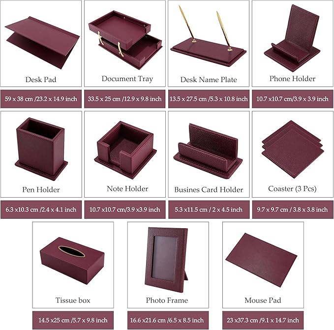 Desk Set,15-Piece Leather Desk Organizer Set, Executive Office Accessories with Desk Pad & Blotter, 2-Tier Tray, Pen Holder & More, Professional Office Desk Decor & Gift Set (Burgundy)