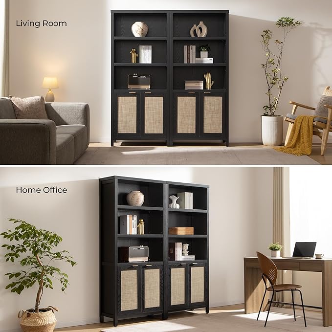 SICOTAS Bookcase 71" Tall Bookshelf 5 Tier Rattan Boho Bookcase with Doors Storage Large Book Case Shelf Farmhouse Bookshelves Library Book Shelves for Living Room Bedroom Home Office Kitchen