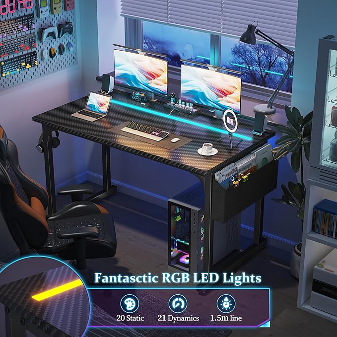 48 Inch Computer Desk with LED Lights, Office Desk for Home Office, Study Desk Writing Table with Storage Bag, Headphone Hook, Black
