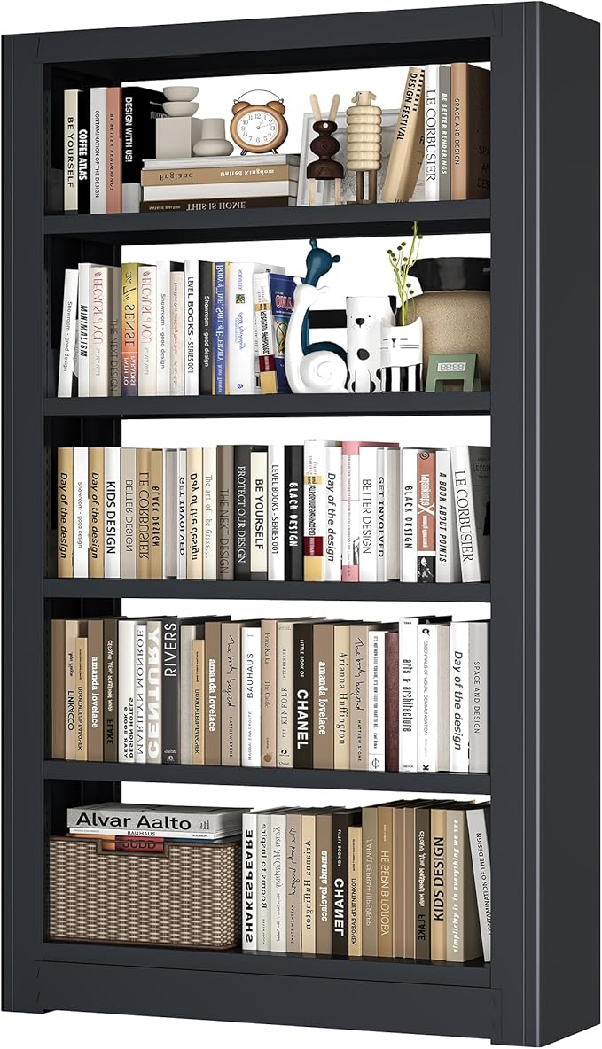 Large Metal Bookcase, 69” Modular Bookshelf with Storage, 5 Tier Bookcase with Adjustable Shelves, Extra Tall Book Shelves, Modern Book Case for Library, Office, Entryway, Living Room（Black）