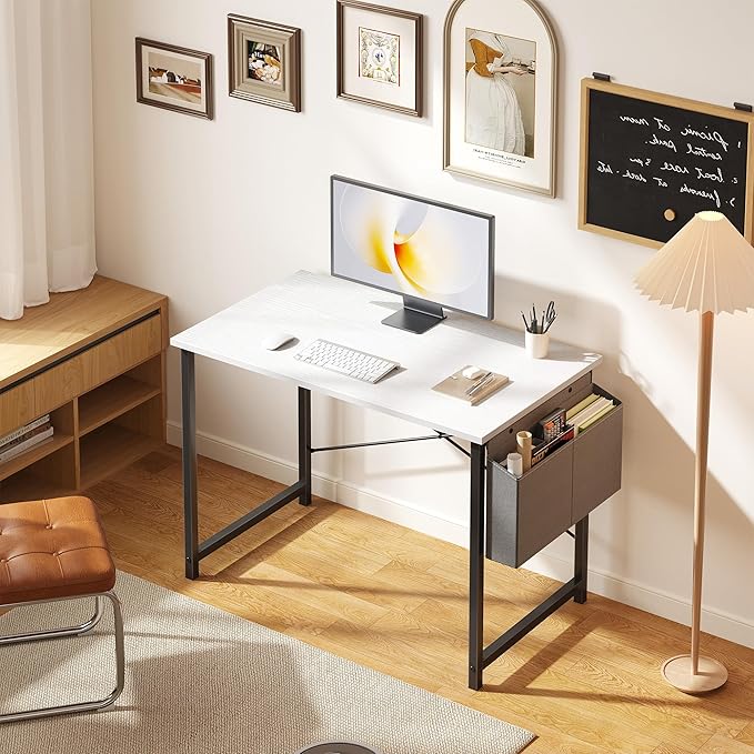 OLIXIS Computer Desk 31 Inch Home Office Desks for Small Spaces, Gaming Writing Study Work Table with Storage Bag for Bedroom, White