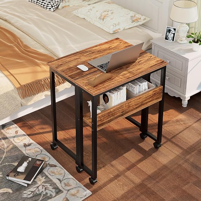 GreenForest Folding Desk Small Rolling Desk with Storage Shelf, 31.5 inch Foldable Computer Desk with Wheels for Small Space, Easy Assembly,Walnut
