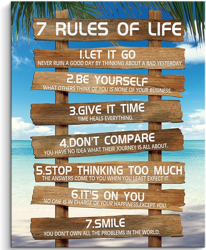 Kas Home Inspirational Wall Art - 7 Rules of Life Motivational Canvas Wall Decor Beach Positive Quotes Living Room Rustic Framed Art Gift for Bedroom Bathroom (12 x 15 inch, Brown - 7 Rules)